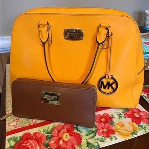 Michael Kors Mustard Purse and Brown Wallet